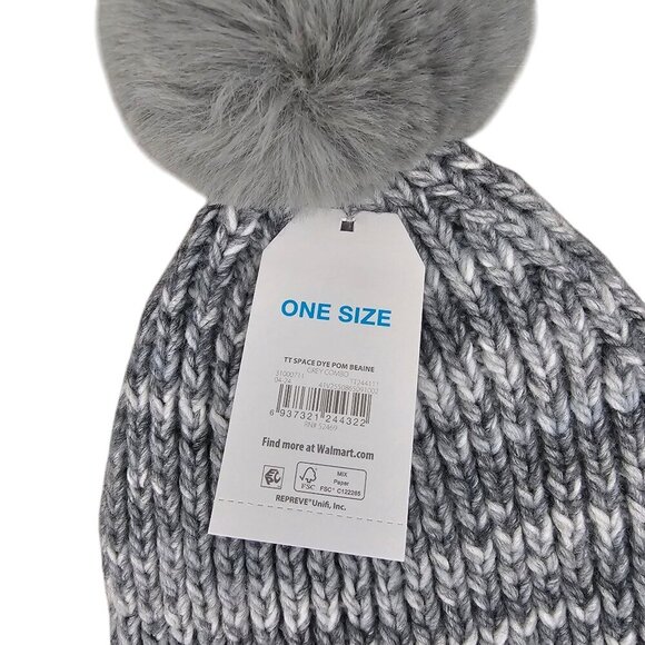 Time and Tru Space Dye New Pom Winter Grey Combo Beanie Hat - Picture 5 of 6